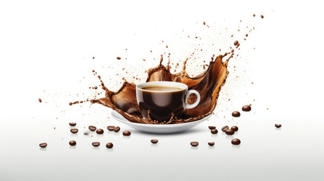 Coffee Cup Beans Splash On White Background