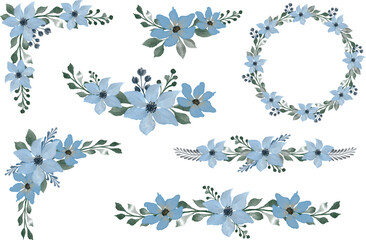 arrangement of blue watercolor floral border