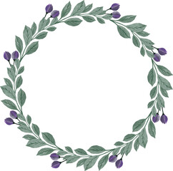 circle frame with green leaves and purple bud border