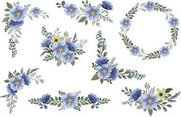 arrangement of blue floral watercolor frame for wedding card