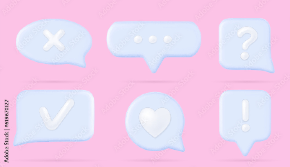 Poster 3d chat speech bubbles, text boxes for dialog messages or comments in social media app. talk clouds 