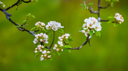 closeup apple tree branch in blossom, beautiful natural background
