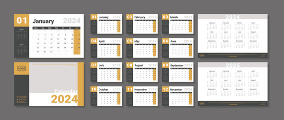 Set of 2024-2023 Calendar Planner Template, and cover with Place for Photo, Company Logo. Vector layout of a wall or desk simple calendar with week start Monday in yellow and grey color for print