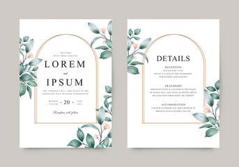 Elegant wedding invitation template with watercolor leaves