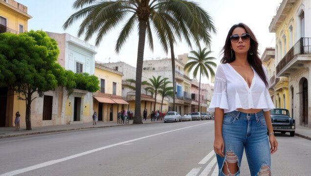Cuban girl in white blouse and ripped jeans standing outside in front of an old cars and palms. Generative AI