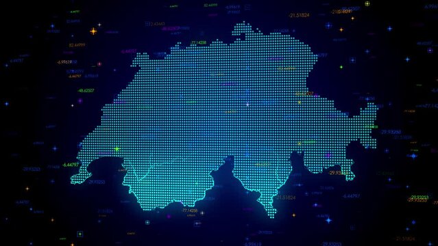 Futuristic Motion View Blue Colorful Shiny Digital Technology Hud Dots Mosaic Grid Switzerland Map Separate Regions Light Scanning With Numeric Tech Particles, Seamless Loop