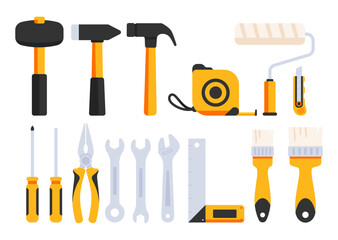 Construction tools set. Industrial vector icons in flat style isolate on white. Tools for construction industry, working tools to renovation vector illustration