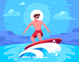 Surfer riding surfboard on water wave in sea. Cool boy surfing, standing on surf board on summer holidays. Active child and beach funs. Flat vector illustration 