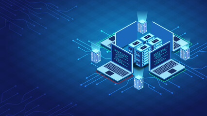 Digital isometric server computers on blue background, Artificial intelligence isometric abstract banner, Neural network. - obrazy, fototapety, plakaty