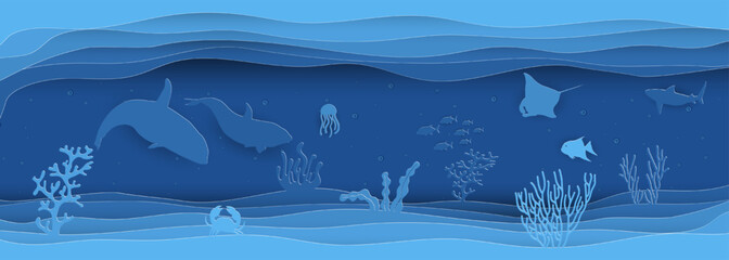Paper cut  concept of world oceans day with underwater sea cave and fishes.Paper cut style vector illustration.