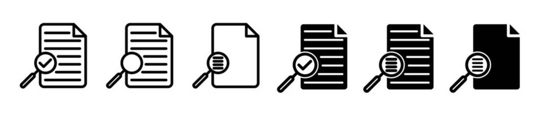 Search result line icon set. Online research analysis and financial statement overview vector symbols. Data optimization sign. Online review verification document icon. Audit icon. case study symbol - obrazy, fototapety, plakaty