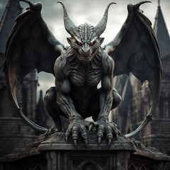 Fototapeta premium A Gargoyle With Glowing Red Eyes Perched Atop a Building Generative AI