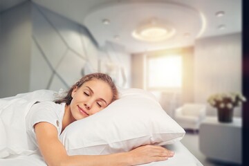 Beautiful girl sleeps in bed at home, AI generated image