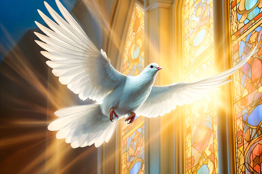 Graphic and biblical representation of the Holy Spirit in the form of a dove. AI generativ.