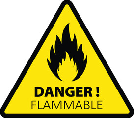 Danger flammable substances. Fire warning sign in yellow triangle. Flammable materials warning sign isolated vector  - obrazy, fototapety, plakaty