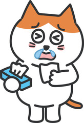 Orange tabby cartoon cat has a running nose with tissues, vector illustration.