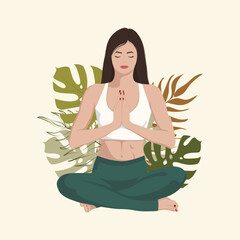 Young woman, girl, doing yoga  lotus pose, meditation, around tropical leaves, flat illustration.