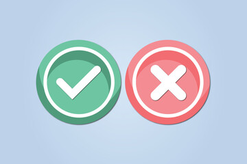 Checkmark icons set. Tick and cross sign. Green check mark and red X cross icon isolated on blue background. Simple marks graphic flat design. Circle shape YES and NO button.Vector Design Illustratio