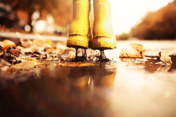 Kid standing on foliage . Legs of children in  boots standing in puddle with orange fallen leaves in autumn.