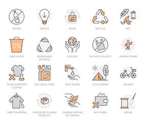 Zero waste lifestyle flat line icons set. Refuse, reduce, reuse, recycle, leaves circle, save water, planet, eco tourism vector illustration. Outline signs of ecology. Orange Color. Editable Stroke
