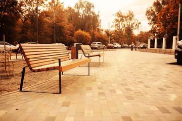 Taking a rest on a wooden bench in the park during autumn season