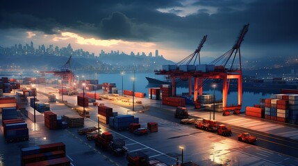 Logistics and transportation of a container cargo ship and a cargo plane in a shipyard at daybreak, logistic import and export. with generative ai
