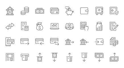 Banking line icons set. Deposit box, money transfer, currency exchange, banknots, credit card, calculation, coins visualization vector illustration. Outline signs of finance activity. Editable Stroke
