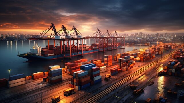 Logistics and transportation of Container Cargo ship and Cargo plane with working crane bridge in shipyard at sunrise, logistic import export. with generative ai