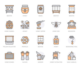 Beekeeping, apiculture line icons. Beekeeper equipment, honey processing, honeybee, beehives types, natural. Bee garden thin linear signs for organic farm shop. Orange Color. Editable Strokes