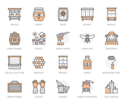 Beekeeping, apiculture line icons. Beekeeper equipment, honey processing, honeybee, beehives types, natural. Bee garden thin linear signs for organic farm shop. Orange Color. Editable Strokes