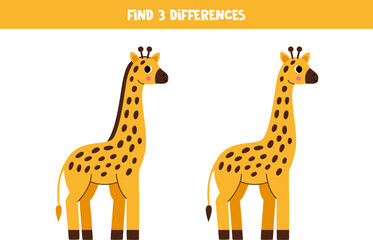 Find three differences between two pictures of cute giraffes. Game for kids.