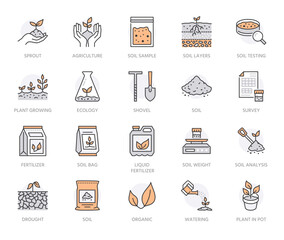Soil testing flat line icons set. Agriculture, planting vector illustrations, hands holding ground with spring, drought, erosion. Thin signs for agrology survey. Orange Color. Editable Strokes