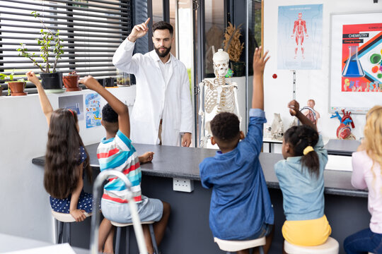 Diverse elementary schoolchildren and male teacher raising hands in biology class