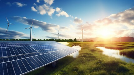 Solar panels over blue sky. Renewable energy.with generative ai