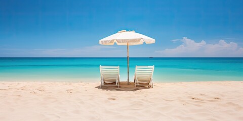 Obraz premium Beach chairs and umbrella on the white sand beach of a tropical vacation. Ocean view.