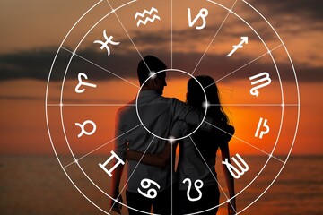Concept of love, happy couple and zodiac signs