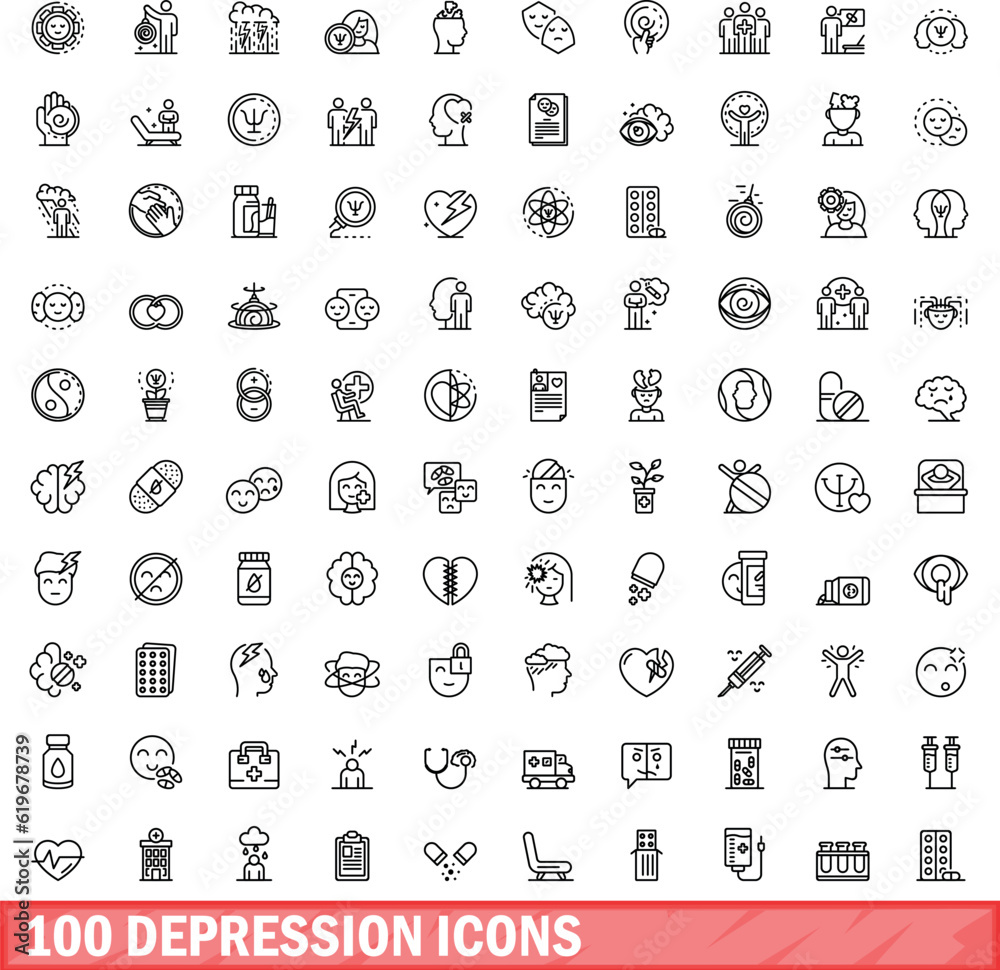Wall mural 100 depression icons set. outline illustration of 100 depression icons vector set isolated on white  - Wall murals