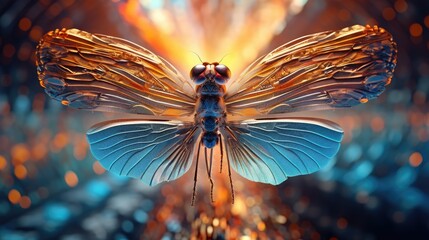 Naklejka na ściany i meble An Amazing Electron Microscope Background View of a Psychedelic Mosquito - Showcasing Stunning Wings with Abstract Designs in a Concept Art Display Wallpaper created with Generative AI Technology