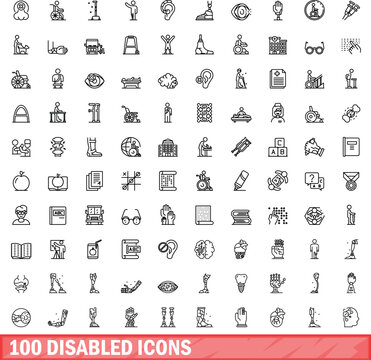 100 disabled icons set. Outline illustration of 100 disabled icons vector set isolated on white background