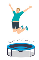トランポリンで跳躍するスポーツウェアを着た白人男性のフラットイラスト。ダイエット