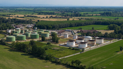 Fototapeta premium Drone view of chemical plant on a sunny day