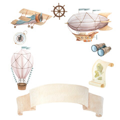 Watercolor illustration of wreath with flying vehicles and travel attributes. Airship, retro plane, hot air balloon, binoculars, steering wheel, clouds, compass, map, vintage paper