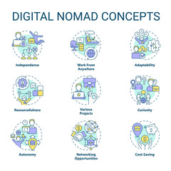 Digital nomad concept icons set. Professional freelancer. Laptop lifestyle. Generation z. Remote work. Make money online idea thin line color illustrations. Isolated symbols. Editable stroke