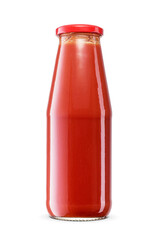 Glass bottle of red tomato ketchup with twist off screw cap isolated with clipping path. Transparent PNG image.