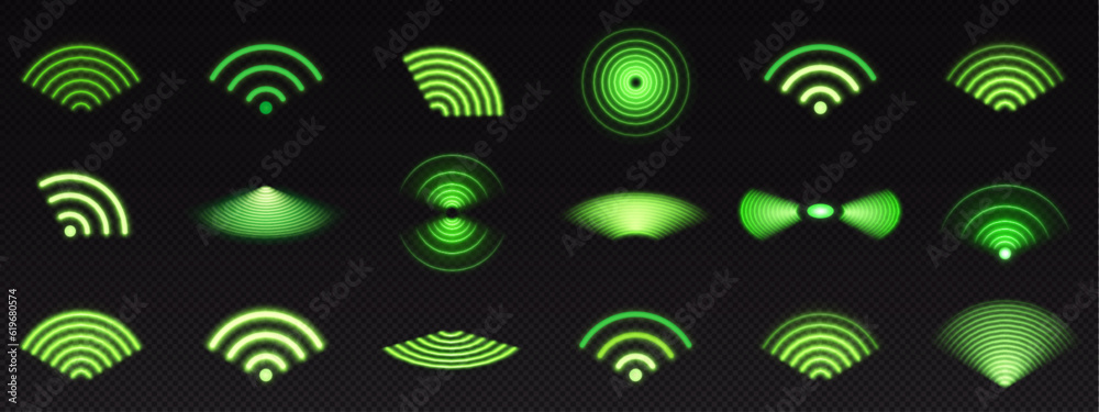 Wall mural realistic set of green radio wave signal signs isolated on transparent background. vector illustrati