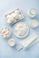 Assortment of milk products - buttermilk, kefir, yogurt with probiotics, ayran, cheese, ...