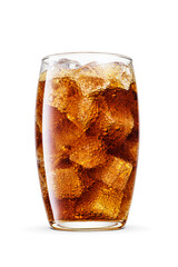 Cola soft drink in a transparent tumbler glass with ice cubes Isolated. Transparent PNG image.