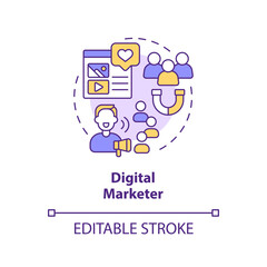 Digital marketer concept icon. Social media. Marketing campaign. Online advertising. Remote job. Distance work abstract idea thin line illustration. Isolated outline drawing. Editable stroke