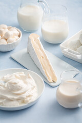 Assortment of milk products - buttermilk, kefir, yogurt with probiotics, ayran, cheese, ...