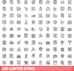 100 lawyer icons set. Outline illustration of 100 lawyer icons vector set isolated on white background